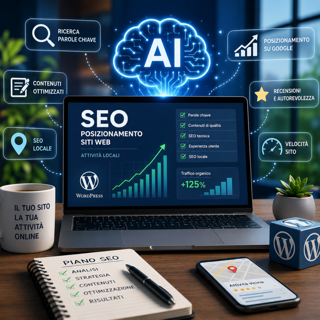 SEO e Intelligenza Artificiale: come le attività locali possono conquistare Google nel 2026 Negli ultimi anni il mondo della SEO è cambiato rapidamente, soprattutto grazie all’arrivo dell’intelligenza artificiale. Oggi non basta più avere un semplice sito internet: per essere visibili su Google serve una strategia moderna, contenuti di qualità e una struttura ottimizzata. Per questo motivo sempre più attività locali e professionisti stanno scegliendo siti WordPress integrati con strumenti AI avanzati, capaci di migliorare il posizionamento online in modo intelligente ed efficace. Perché la SEO è fondamentale per un’attività locale? Quando una persona cerca su Google: “ristorante vicino a me” “idraulico a Roma” “agriturismo in Sabina” “studio professionale Perugia” Google mostra prima i siti meglio ottimizzati. Un buon posizionamento SEO significa quindi: maggiore visibilità, più visite al sito, aumento delle richieste di contatto, nuovi clienti in modo continuativo. Come l’AI sta rivoluzionando la SEO L’intelligenza artificiale permette oggi di: analizzare le parole chiave più cercate, creare contenuti ottimizzati, migliorare titoli e descrizioni, suggerire strategie SEO locali, velocizzare la scrittura di articoli e pagine web. Grazie a WordPress e ai moderni plugin SEO, le attività locali possono avere strumenti professionali normalmente utilizzati dalle grandi aziende. WordPress: la piattaforma ideale per la SEO WordPress continua a essere il CMS più utilizzato al mondo anche grazie alle sue enormi potenzialità SEO. Con una configurazione corretta è possibile ottenere: caricamenti rapidi, siti responsive per smartphone, URL ottimizzati, gestione avanzata dei meta tag, sitemap automatiche, integrazione con Google Analytics e Search Console. Inoltre, combinando WordPress con strumenti AI moderni, è possibile mantenere il sito sempre aggiornato e competitivo sui motori di ricerca. Il futuro della presenza online Nel 2026 avere un sito internet professionale non significa soltanto “essere online”, ma essere trovati facilmente dai clienti giusti. SEO e intelligenza artificiale rappresentano oggi una combinazione vincente per tutte le attività che vogliono crescere sul web e distinguersi dalla concorrenza.