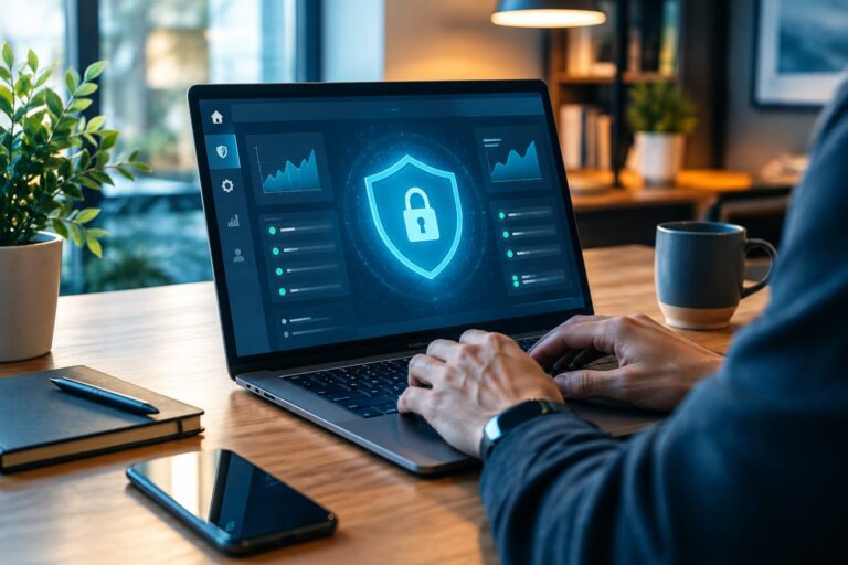 Schermo di computer con simbolo di protezione digitale, rappresentazione della sicurezza e manutenzione di un sito web