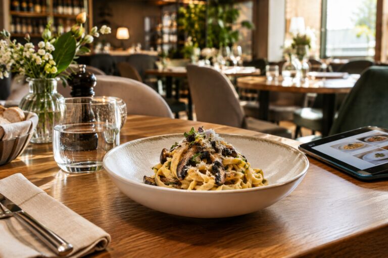 Tavolo di un ristorante italiano con piatto gourmet e menu digitale su tablet